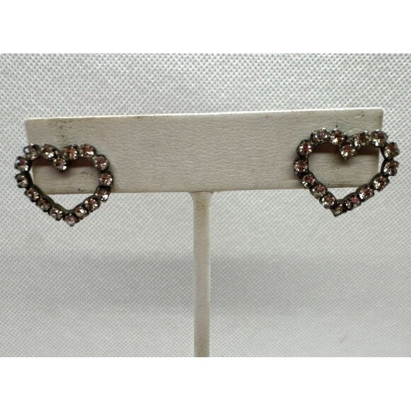 Vintage Clear Rhinestone‎ Silver Tone Heart Shaped Pierced Earrings Retro Glam - Picture 3 of 7